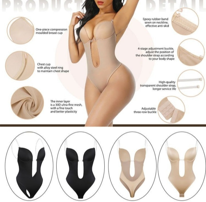 U-Plunge Bra Backless Thong Bodysuit